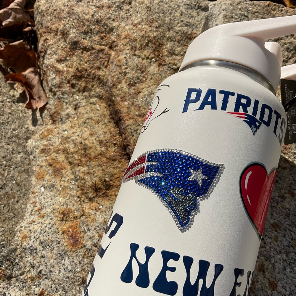 NFL Patriots White and Blue Water Bottle with Bling Logo